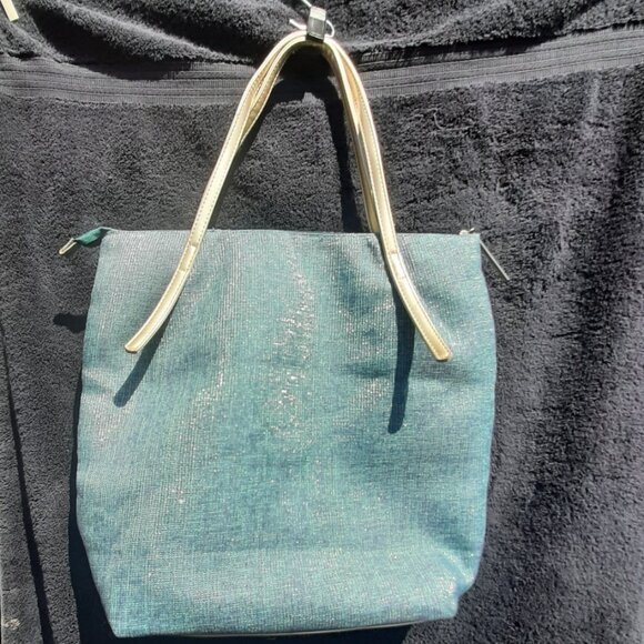 LANCOME  Turquoise/Gold Shoulder Tote Bag LARGE 19"X 16” Adjustable/Lined Logo - Picture 3 of 9